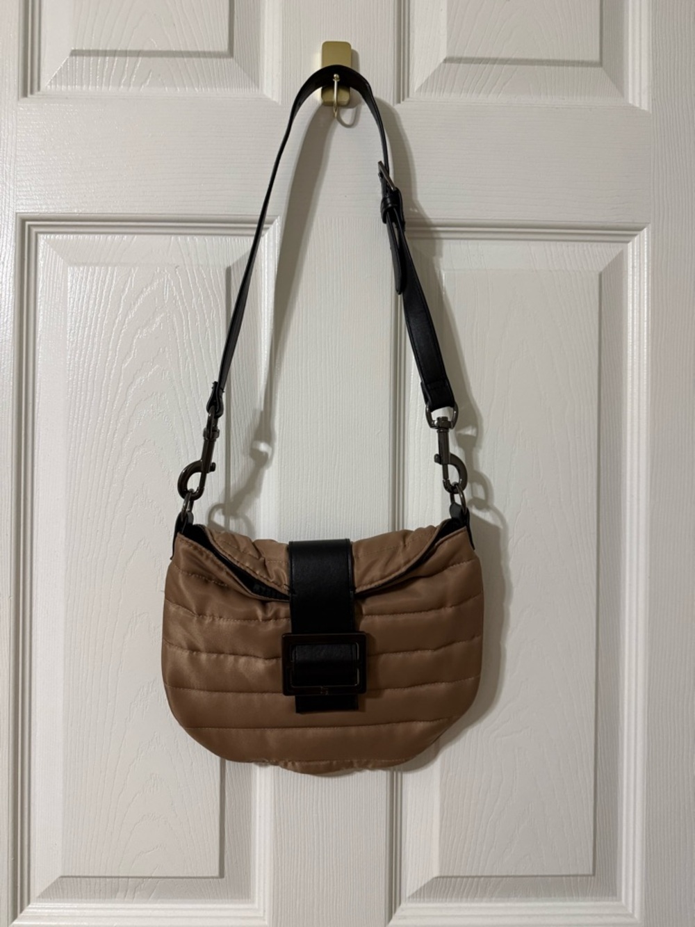 THINK ROYLN Quilted Shoulder Bag in Brown with Black Strap